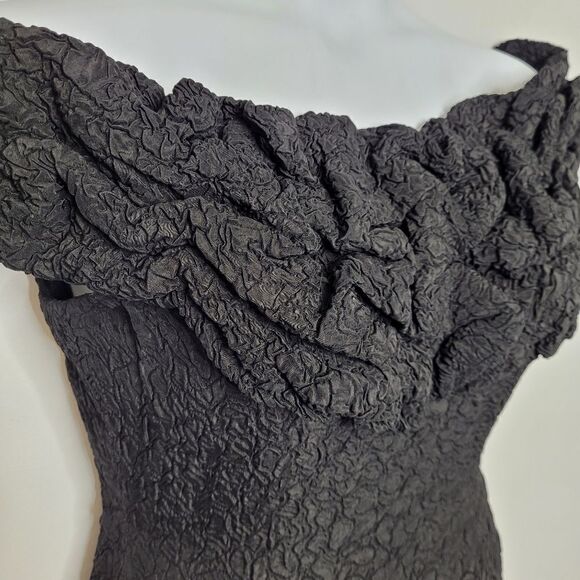 VINTAGE 80s black dress off‎ shoulder embossed gathered cocktail M - Picture 4 of 13